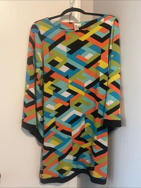 Soho Long-Sleeve Shift Dress in Multi-Color Geometric Print